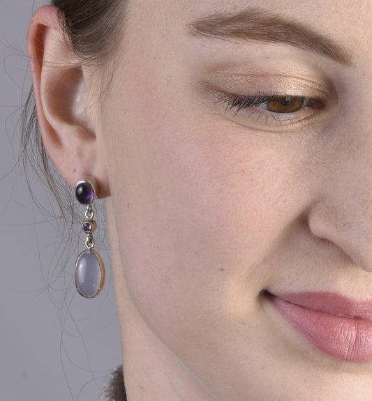 Oorbellen amethist, saffier en chalcedoon