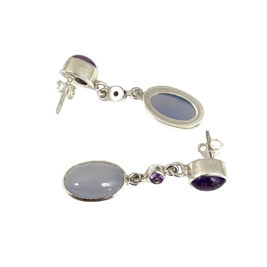 Oorbellen amethist, saffier en chalcedoon