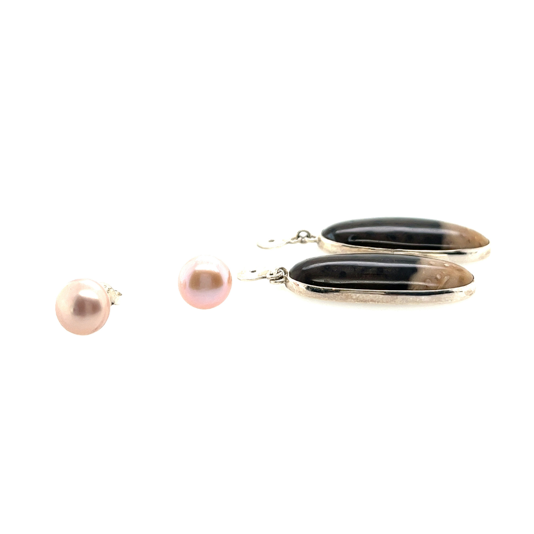 Petrified palmwood pearl earrings