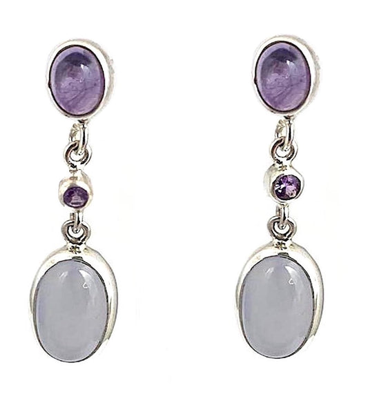 Oorbellen amethist,  saffier en chalcedoon