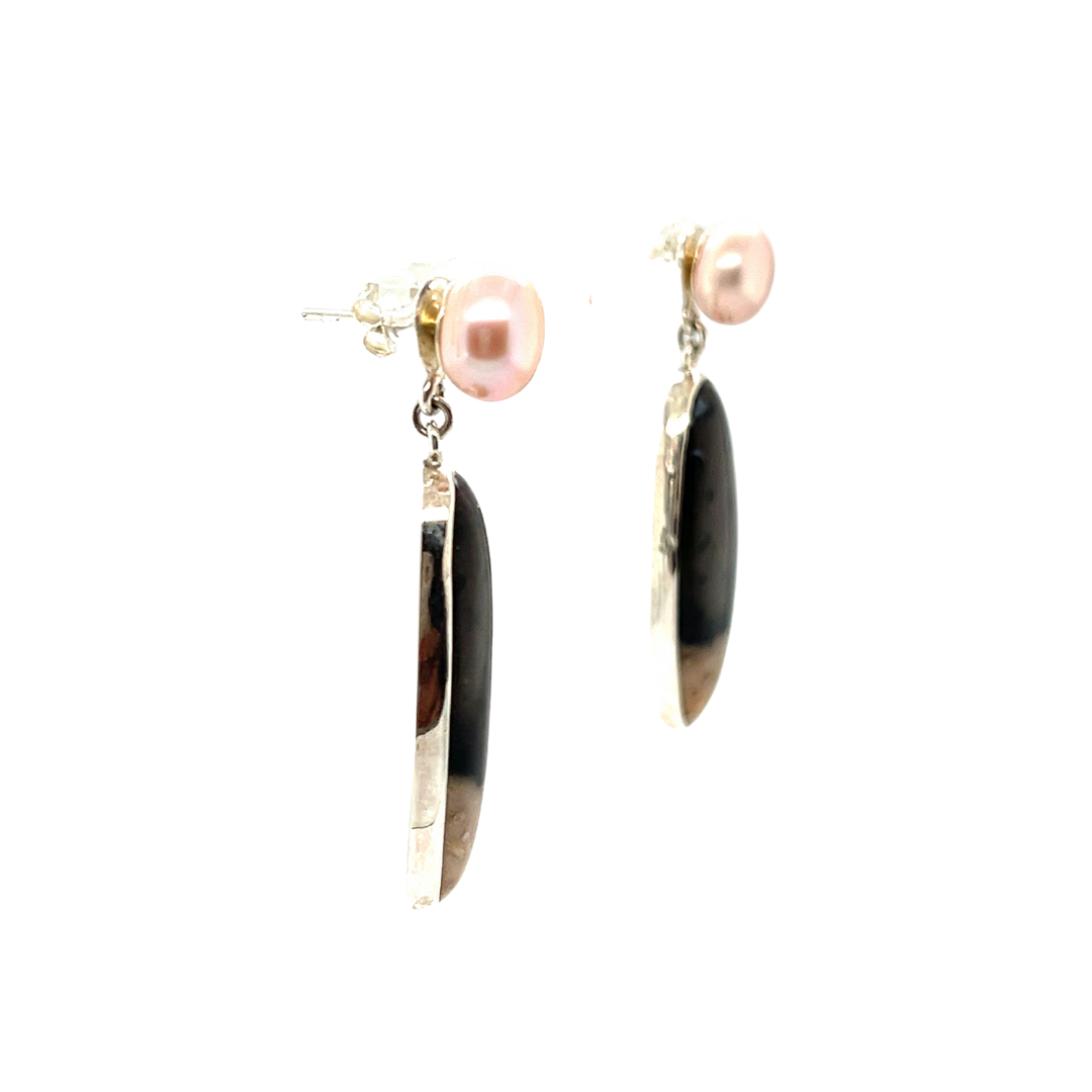 Petrified palmwood pearl earrings