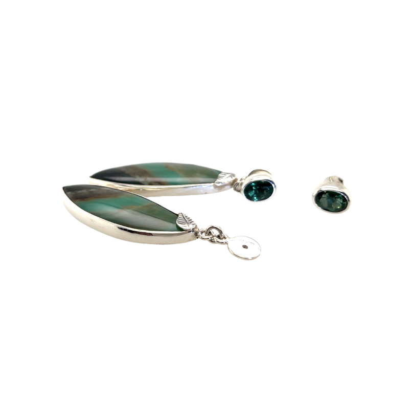 Petrified wood, tourmaline change earrings