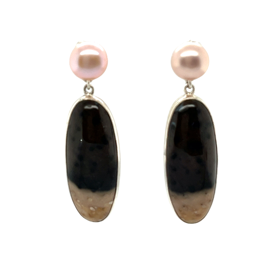 Petrified palmwood pearl earrings