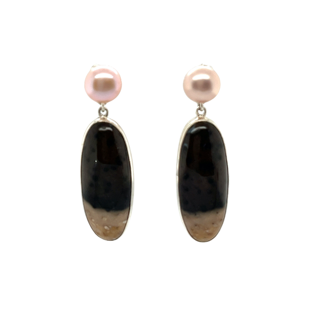 Petrified palmwood pearl earrings